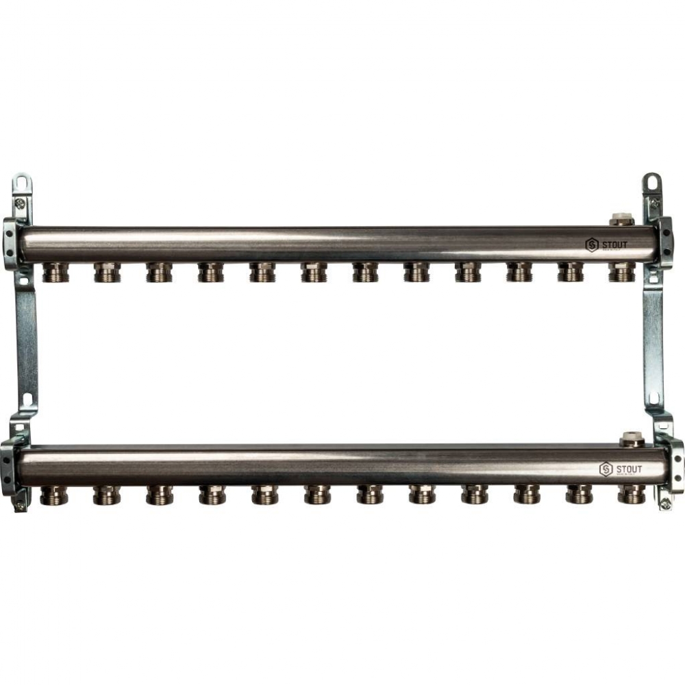 Коллектор из нержавеющей стали ASI 304L для радиаторного отопления на 12 выходов STOUT